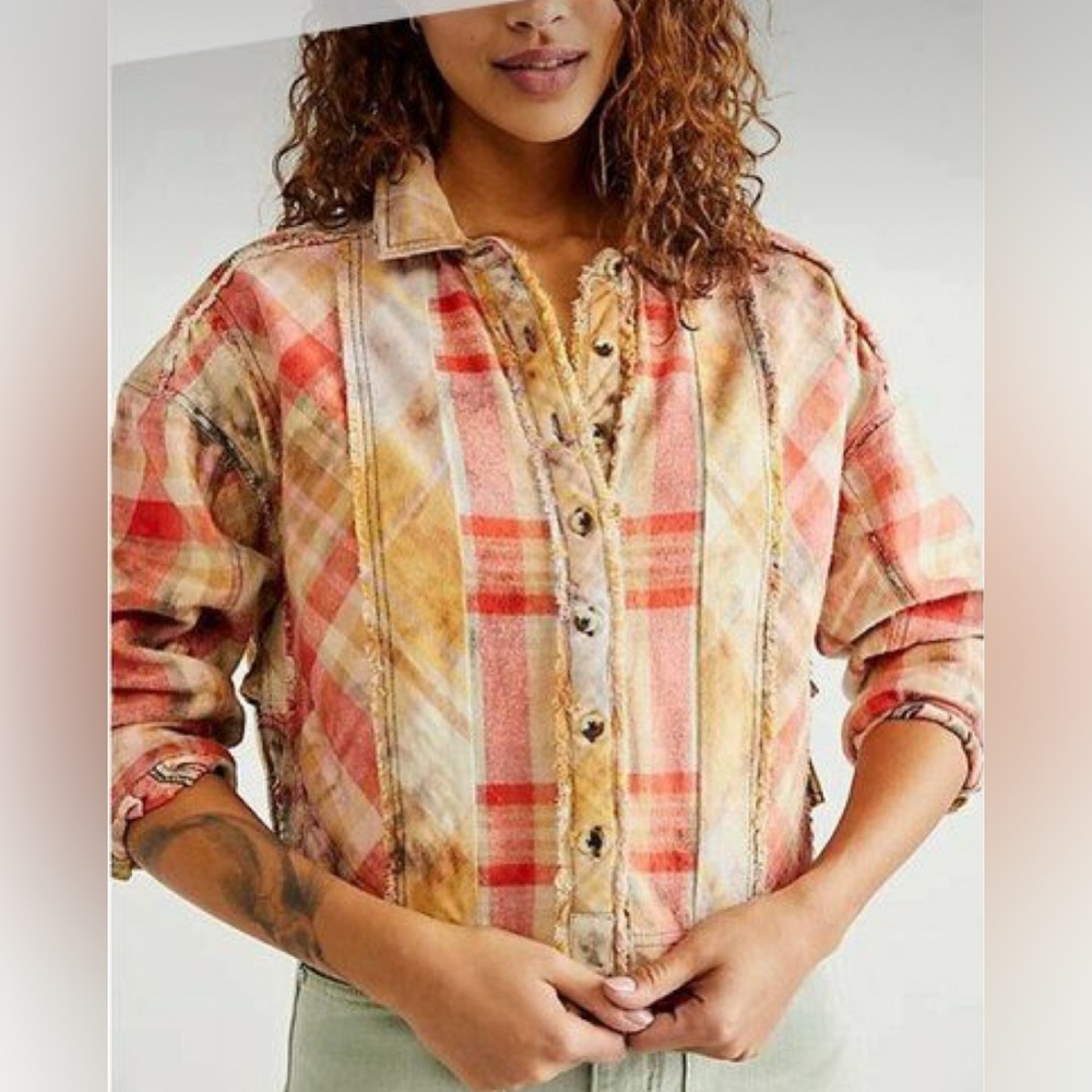 Free People Plaid Button-Up Shirt - Red and Orange